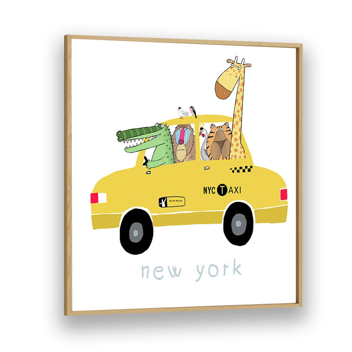 Jungle Animals In A Yellow Taxi In New York By Carla Daly Kids Room Painting in Oak Wood Plain Frame