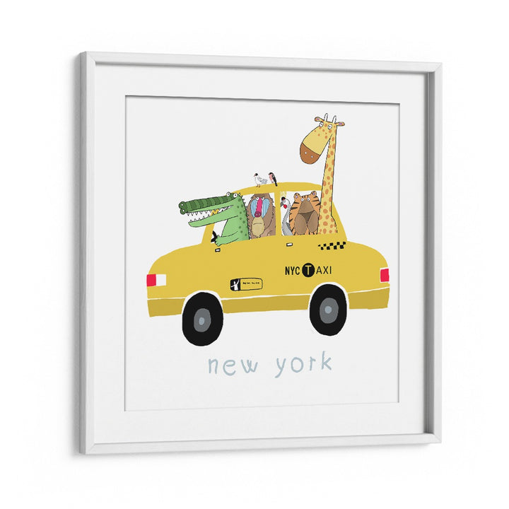 Jungle Animals In A Yellow Taxi In New York By Carla Daly Kids Room Painting in White Frame With Mount