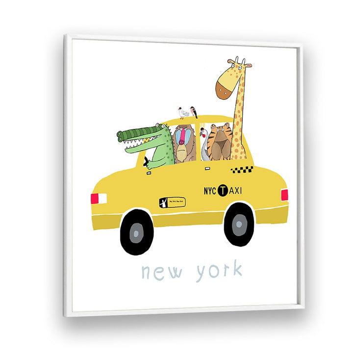 Jungle Animals In A Yellow Taxi In New York By Carla Daly Kids Room Painting in White Plain Frame