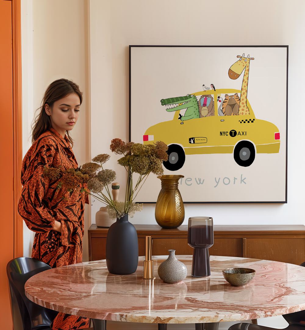 Jungle Animals In A Yellow Taxi In New York By Carla Daly Kids Room Painting  placed on a wall