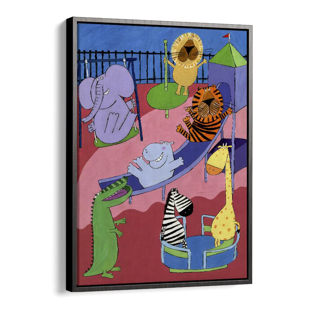 Jungle Animals In The Playground By Carla Daly Kids Painting in Black Floater Frame