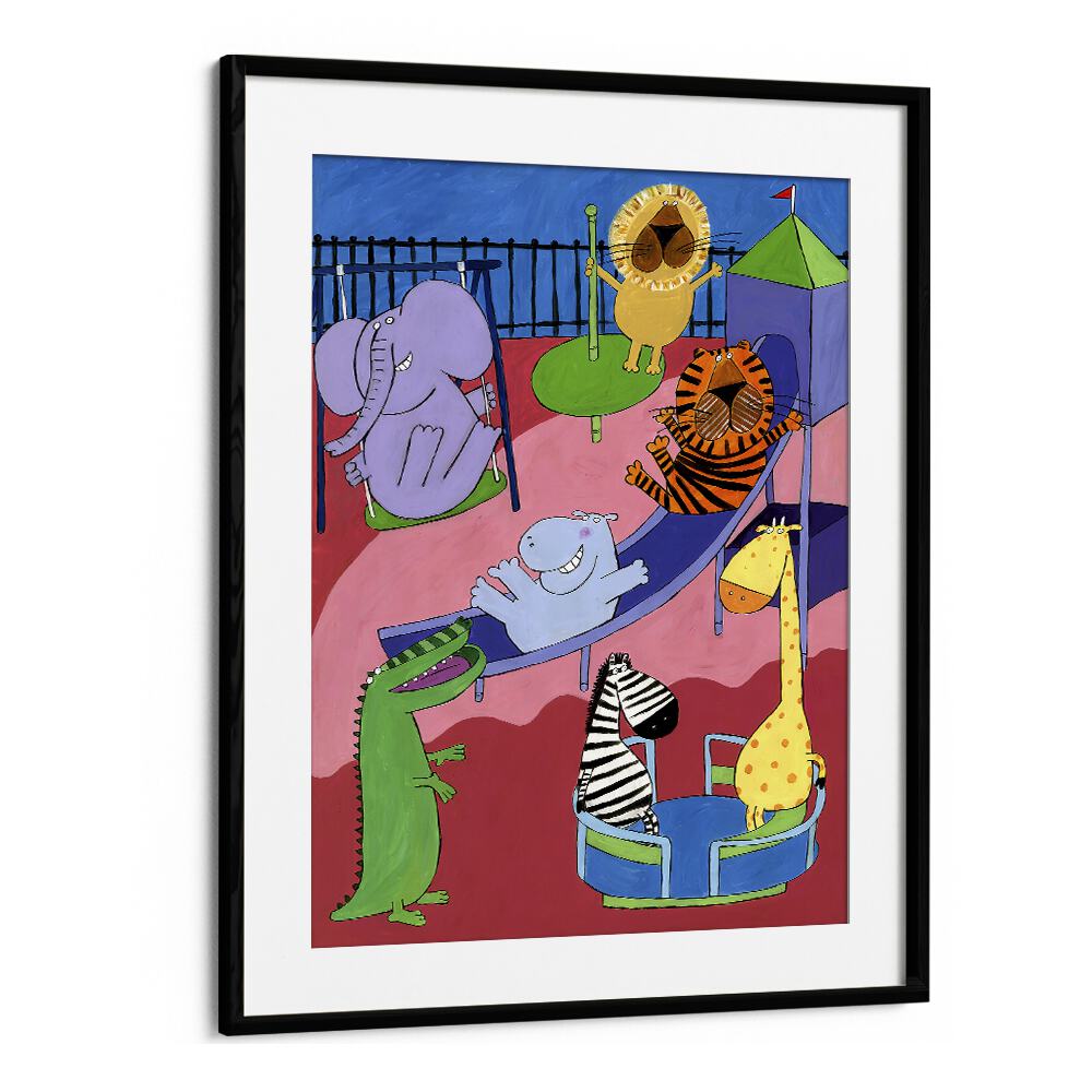 Jungle Animals In The Playground By Carla Daly Kids Painting in Black Frame With Mount