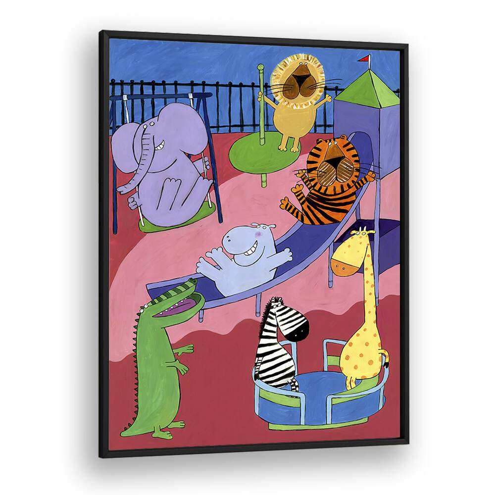 Jungle Animals In The Playground By Carla Daly Kids Painting in Black Plain Frame