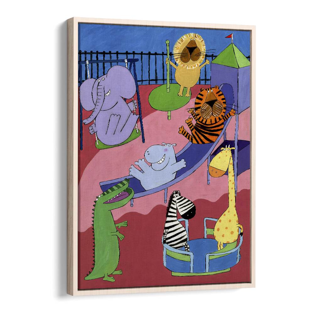 Jungle Animals In The Playground By Carla Daly Kids Painting in Oak Wood Floater Frame