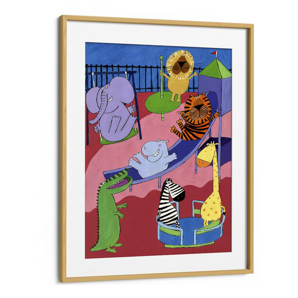 Jungle Animals In The Playground By Carla Daly Kids Painting in Oak Wood Frame With Mount