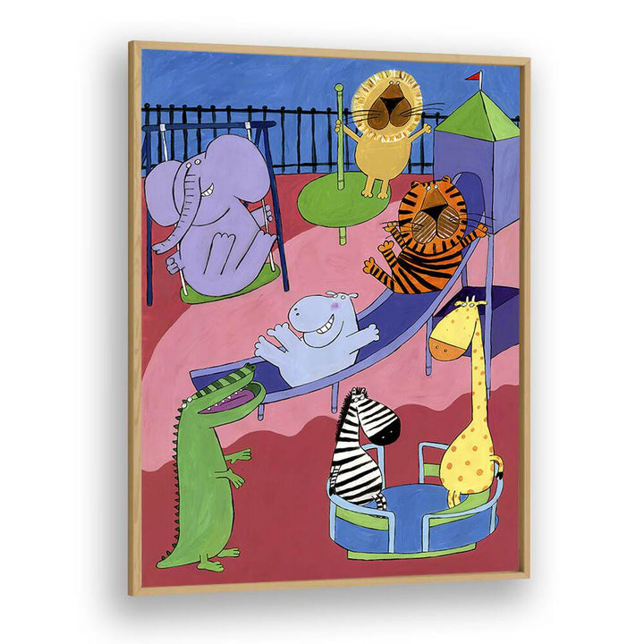 Jungle Animals In The Playground By Carla Daly Kids Painting in Oak Wood Plain Frame