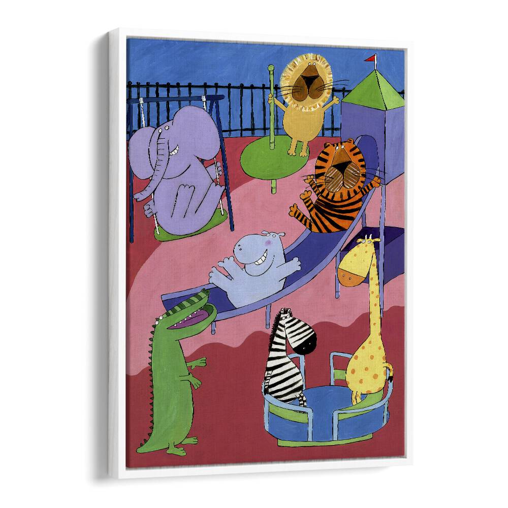 Jungle Animals In The Playground By Carla Daly Kids Painting in White Floater Frame