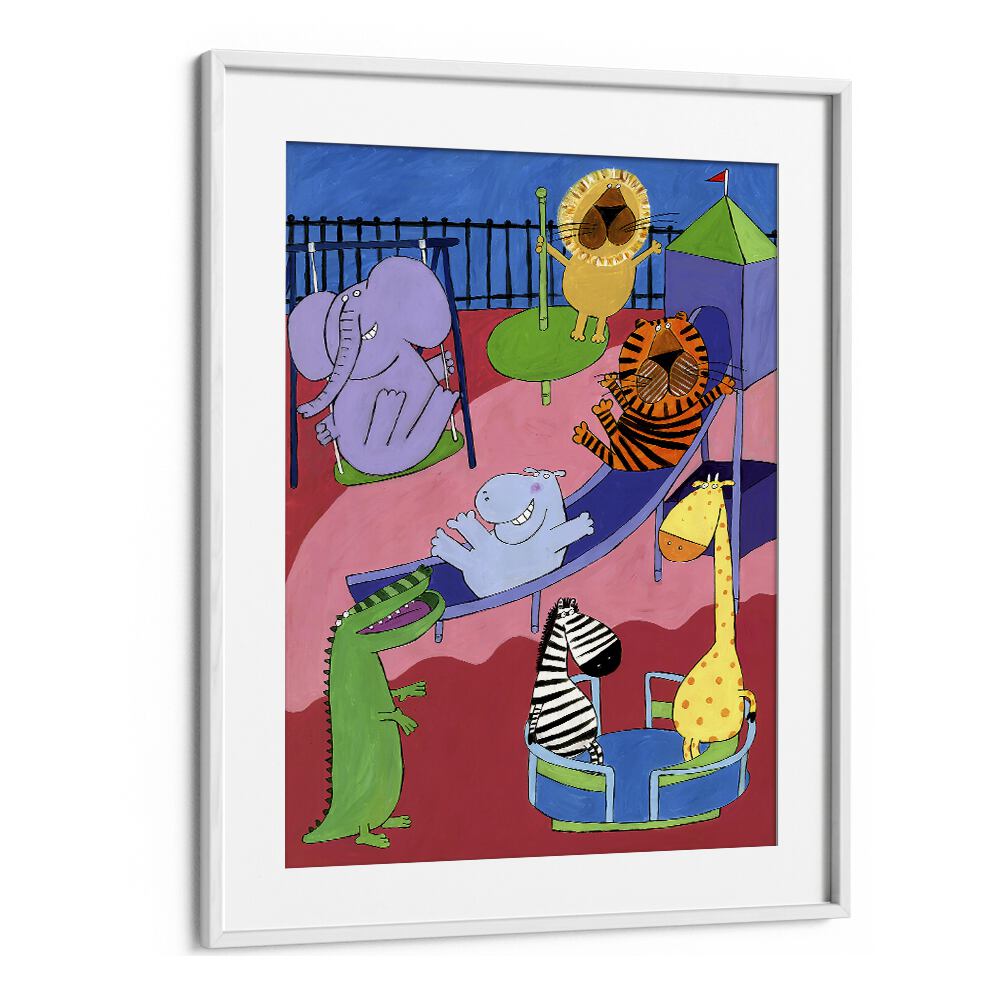 Jungle Animals In The Playground By Carla Daly Kids Painting in White Frame With Mount