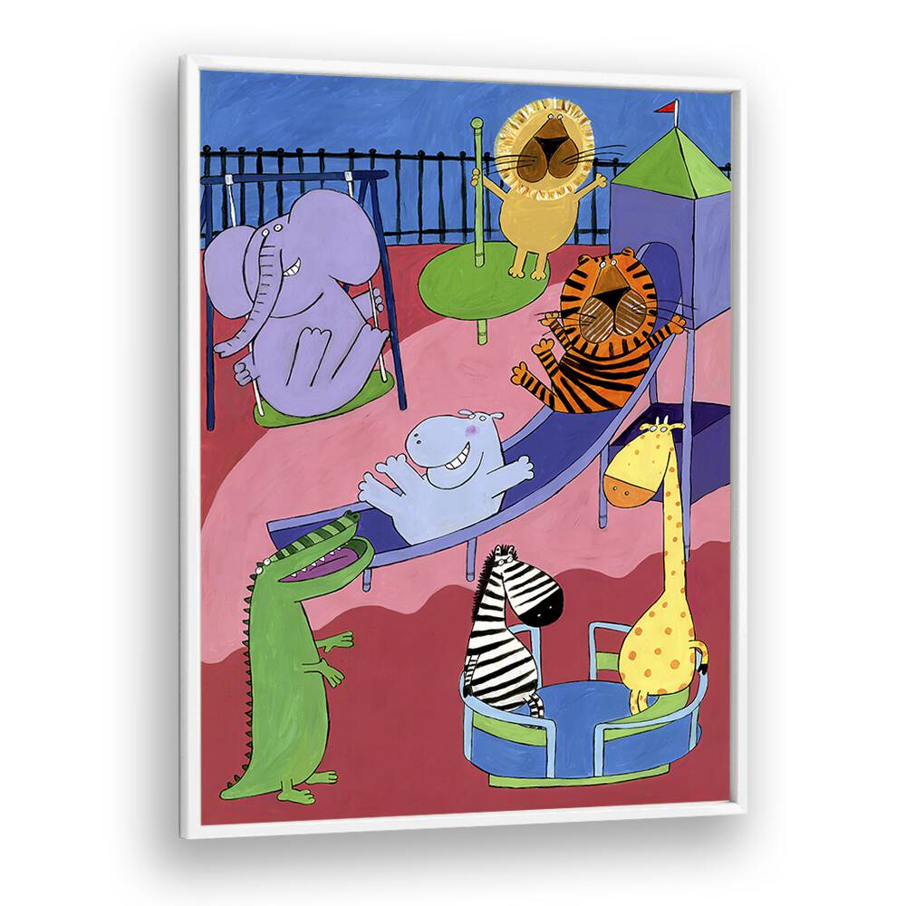 Jungle Animals In The Playground By Carla Daly Kids Painting in White Plain Frame