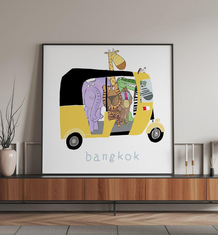 Jungle Animals Take A Ride In A Bangkok Tuk Tuk By Carla Daly Kids Room Art placed on a wall