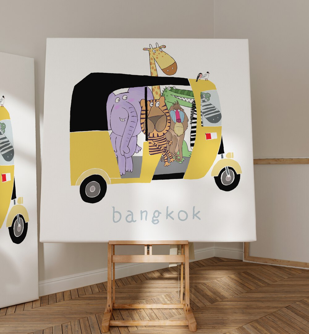 Jungle Animals Take A Ride In A Bangkok Tuk Tuk By Carla Daly Kids Room Art placed on a wall