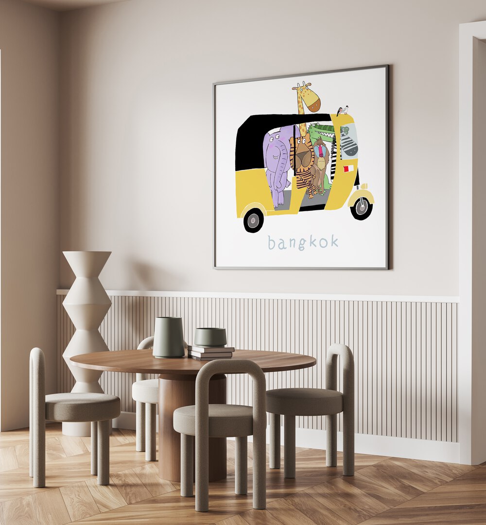 Jungle Animals Take A Ride In A Bangkok Tuk Tuk By Carla Daly Kids Room Art placed on a wall