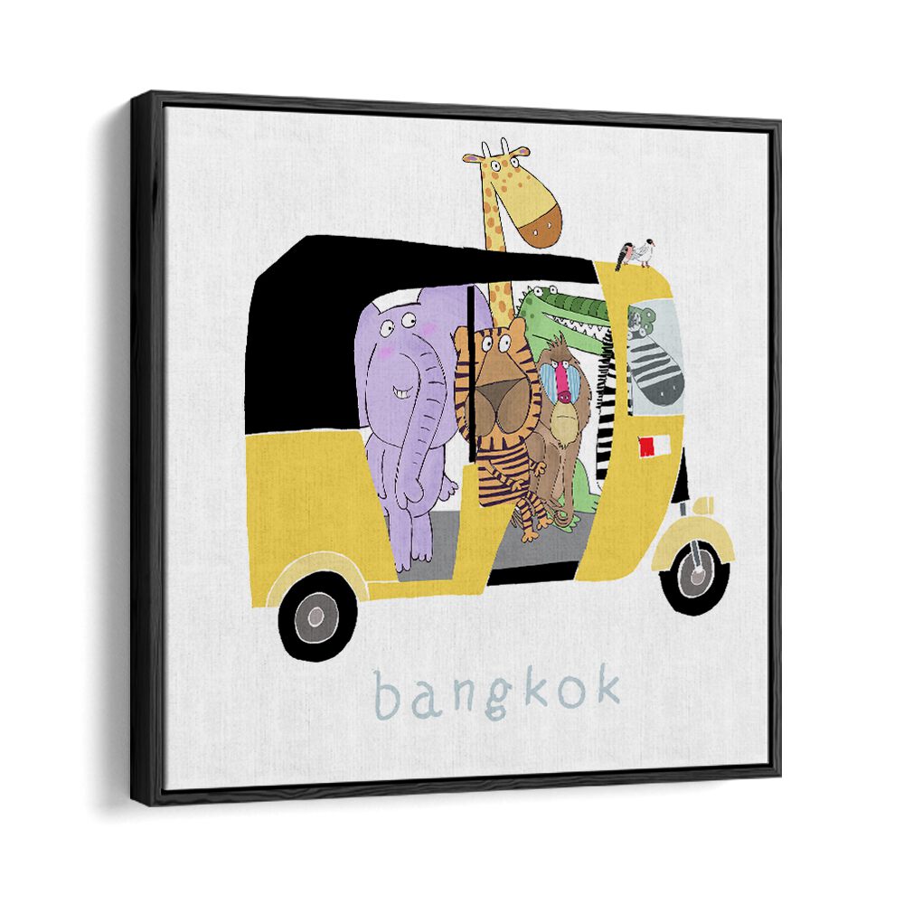 Jungle Animals Take A Ride In A Bangkok Tuk Tuk By Carla Daly Kids Room Art in Black Floater Frame