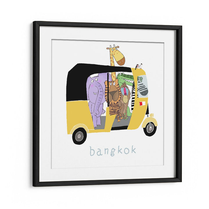 Jungle Animals Take A Ride In A Bangkok Tuk Tuk By Carla Daly Kids Room Art in Black Frame With Mount