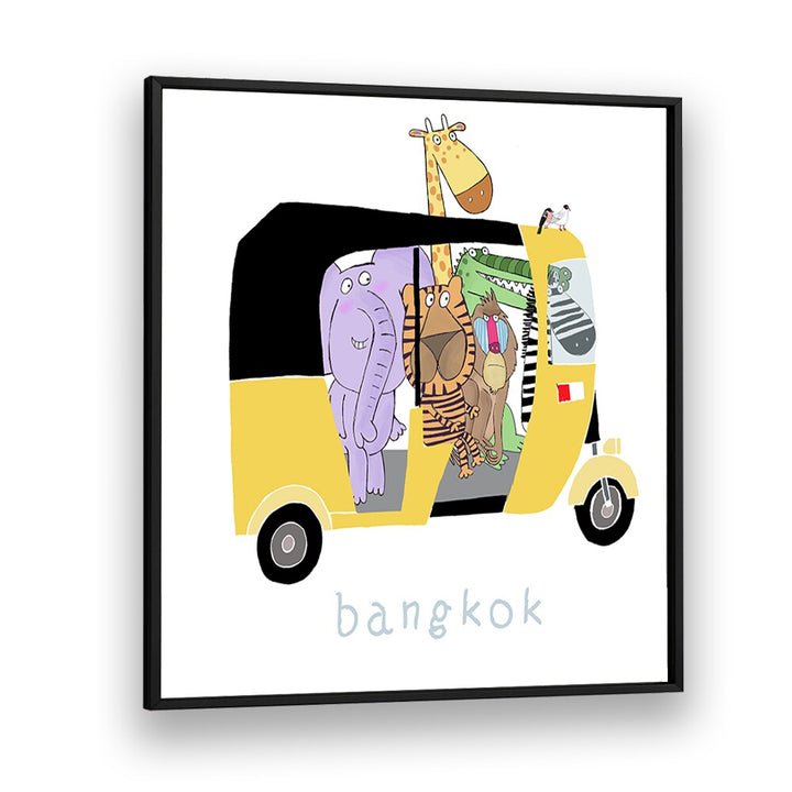 Jungle Animals Take A Ride In A Bangkok Tuk Tuk By Carla Daly Kids Room Art in Black Plain Frame