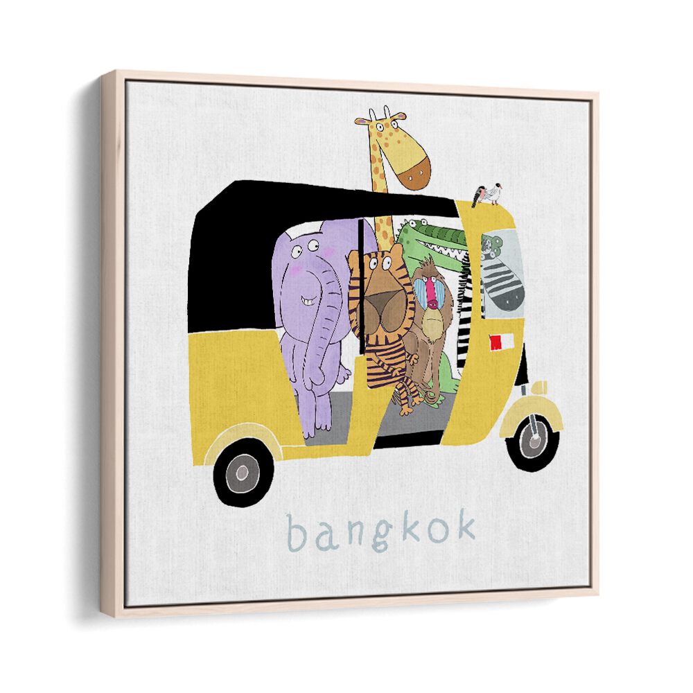 Jungle Animals Take A Ride In A Bangkok Tuk Tuk By Carla Daly Kids Room Art in Oak Wood Floater Frame