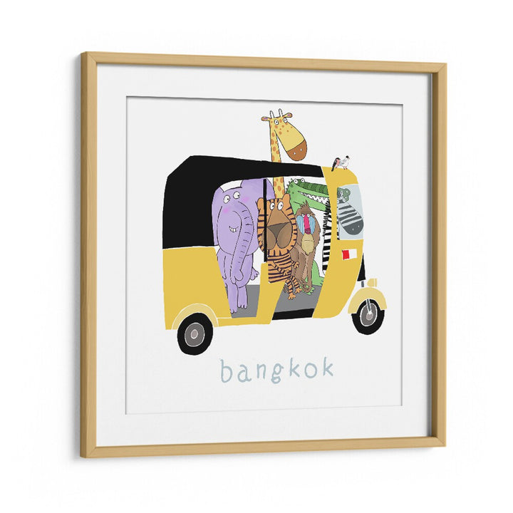 Jungle Animals Take A Ride In A Bangkok Tuk Tuk By Carla Daly Kids Room Art in Oak Wood Frame With Mount