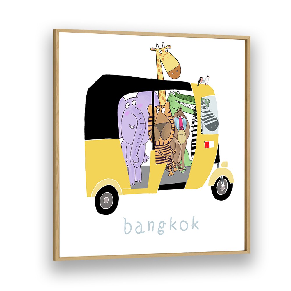 Jungle Animals Take A Ride In A Bangkok Tuk Tuk By Carla Daly Kids Room Art in Oak Wood Plain Frame