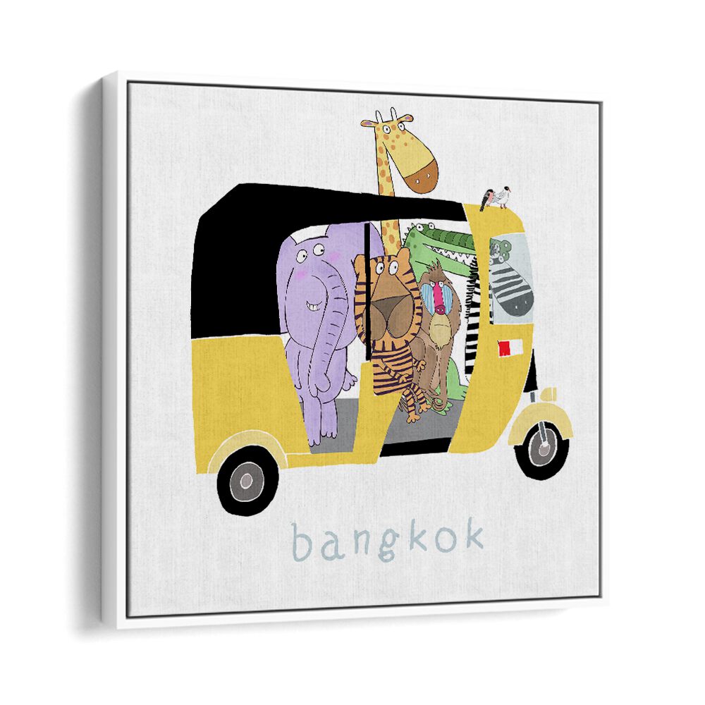 Jungle Animals Take A Ride In A Bangkok Tuk Tuk By Carla Daly Kids Room Art in White Floater Frame