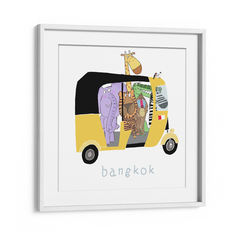 Jungle Animals Take A Ride In A Bangkok Tuk Tuk By Carla Daly Kids Room Art in White Frame With Mount