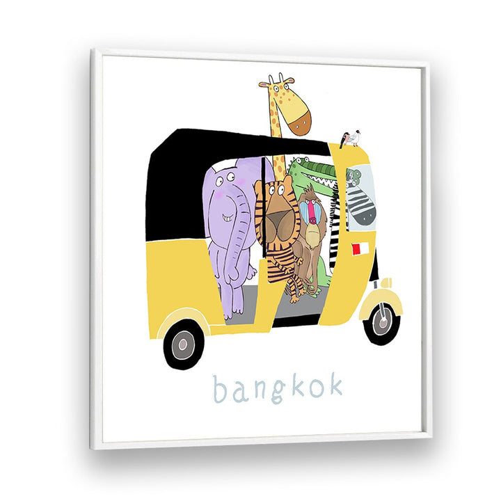 Jungle Animals Take A Ride In A Bangkok Tuk Tuk By Carla Daly Kids Room Art in White Plain Frame