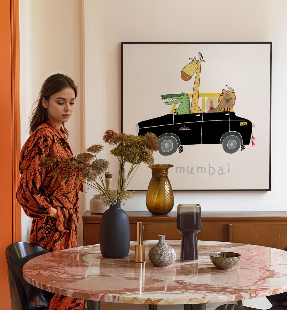 Jungle Animals Take A Ride In The Famous Mumbai Taxi By Carla Daly Kids Room Art placed on a wall