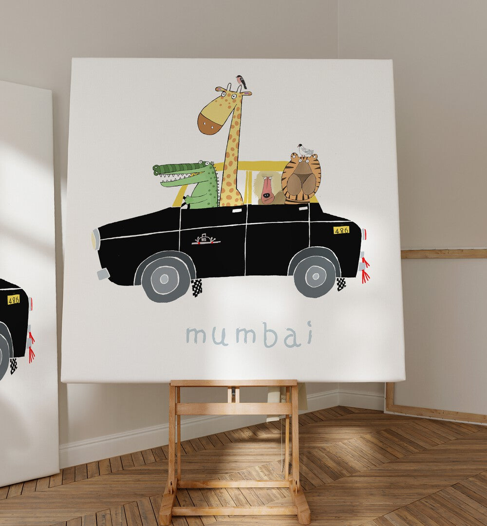 Jungle Animals Take A Ride In The Famous Mumbai Taxi By Carla Daly Kids Room Art placed on a wall
