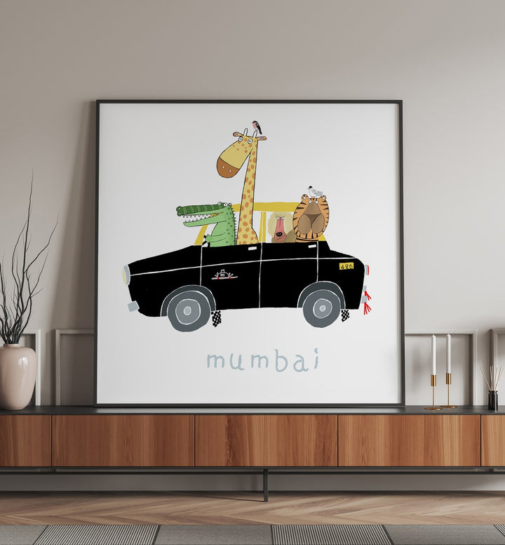 Jungle Animals Take A Ride In The Famous Mumbai Taxi By Carla Daly Kids Room Art placed on a wall