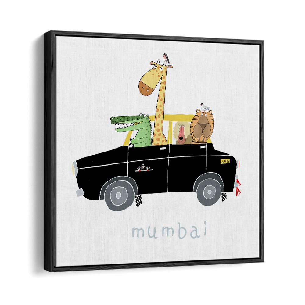 Jungle Animals Take A Ride In The Famous Mumbai Taxi By Carla Daly Kids Room Art in Black Floater Frame