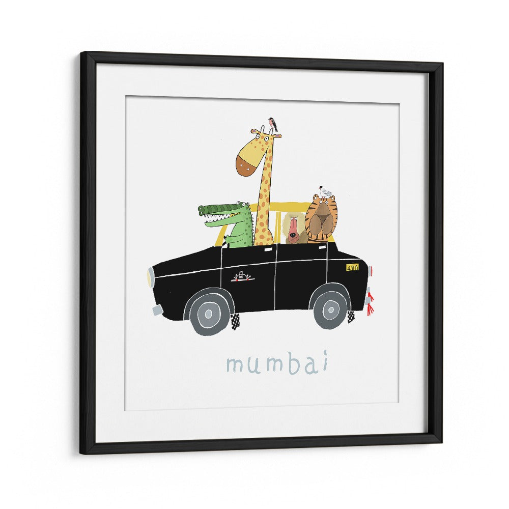 Jungle Animals Take A Ride In The Famous Mumbai Taxi By Carla Daly Kids Room Art in Black Frame With Mount