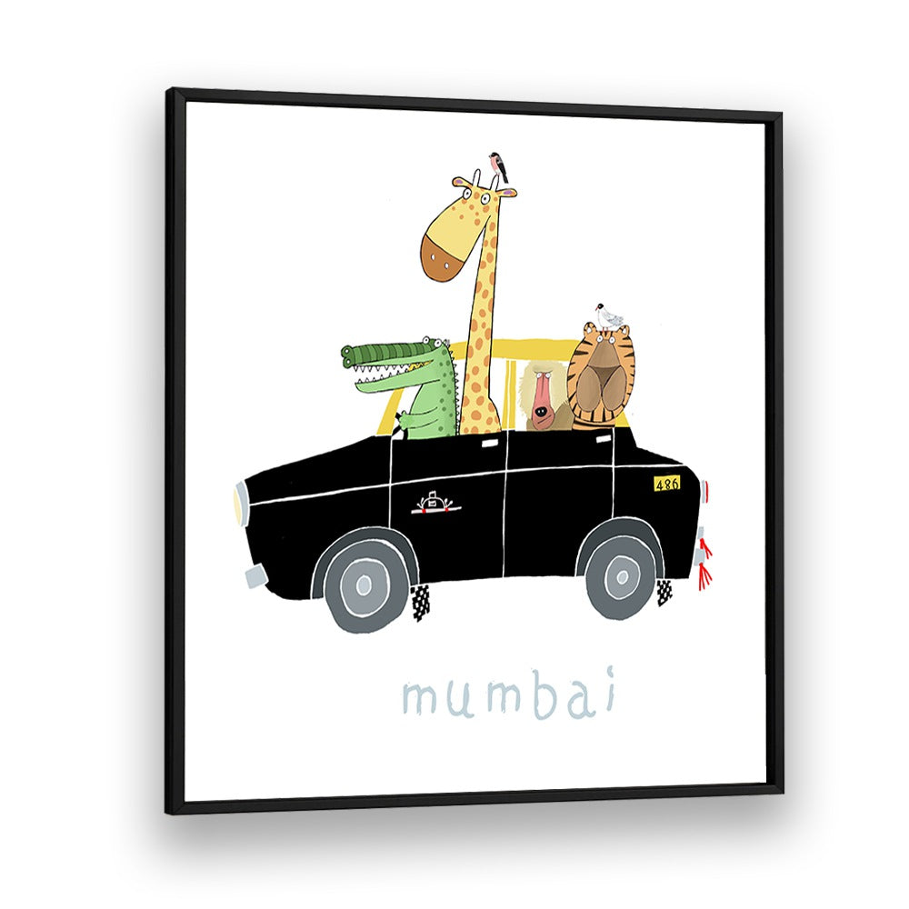 Jungle Animals Take A Ride In The Famous Mumbai Taxi By Carla Daly Kids Room Art in Black Plain Frame