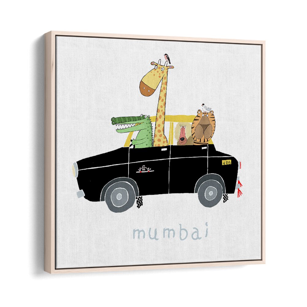 Jungle Animals Take A Ride In The Famous Mumbai Taxi By Carla Daly Kids Room Art in Oak Wood Floater Frame