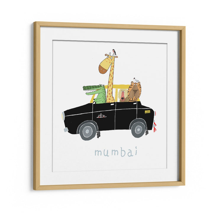 Jungle Animals Take A Ride In The Famous Mumbai Taxi By Carla Daly Kids Room Art in Oak Wood Frame With Mount