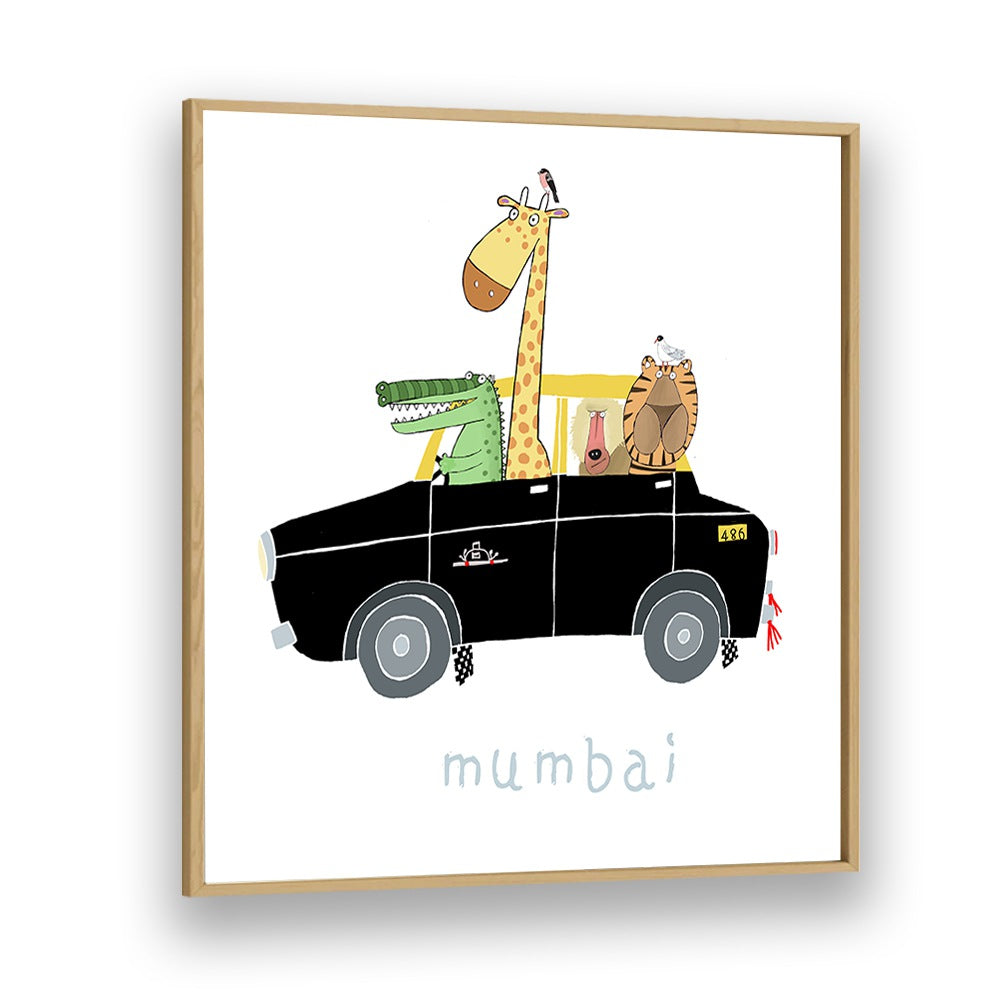 Jungle Animals Take A Ride In The Famous Mumbai Taxi By Carla Daly Kids Room Art in Oak Wood Plain Frame