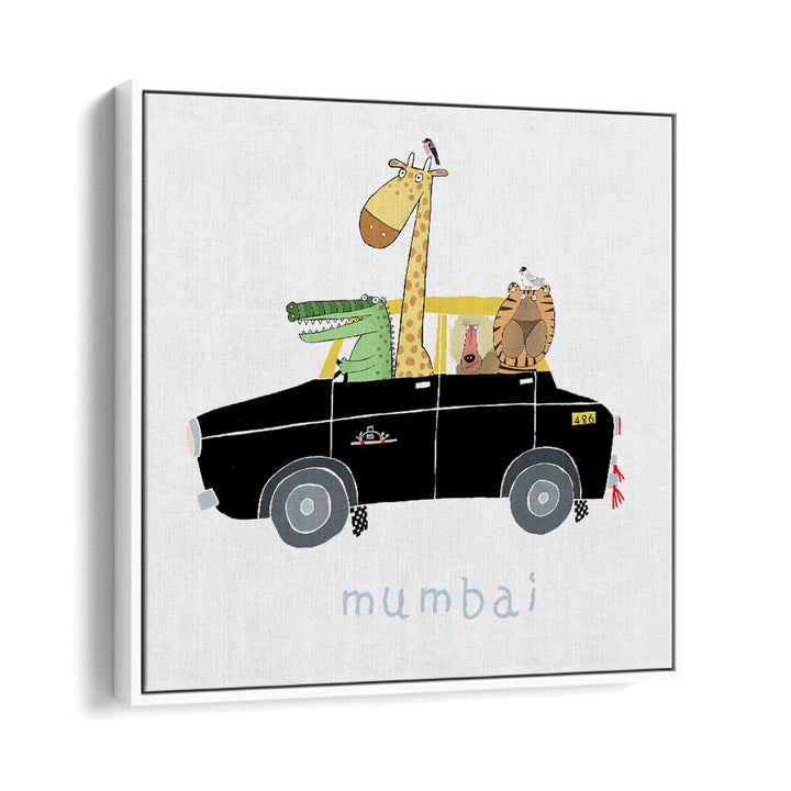 Jungle Animals Take A Ride In The Famous Mumbai Taxi By Carla Daly Kids Room Art in White Floater Frame