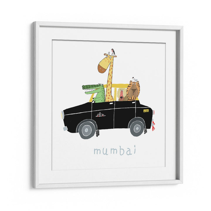 Jungle Animals Take A Ride In The Famous Mumbai Taxi By Carla Daly Kids Room Art in White Frame With Mount