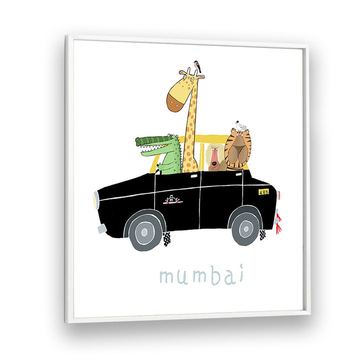 Jungle Animals Take A Ride In The Famous Mumbai Taxi By Carla Daly Kids Room Art in White Plain Frame