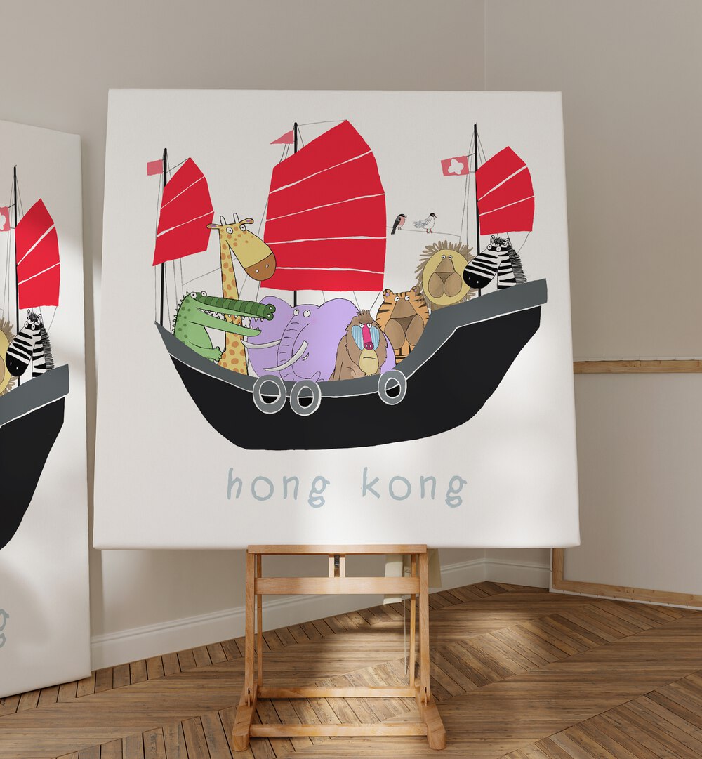 Jungle Animals Travelling In A Junk Boat In Hong Kong By Carla Daly Kids Room Art placed on a wall