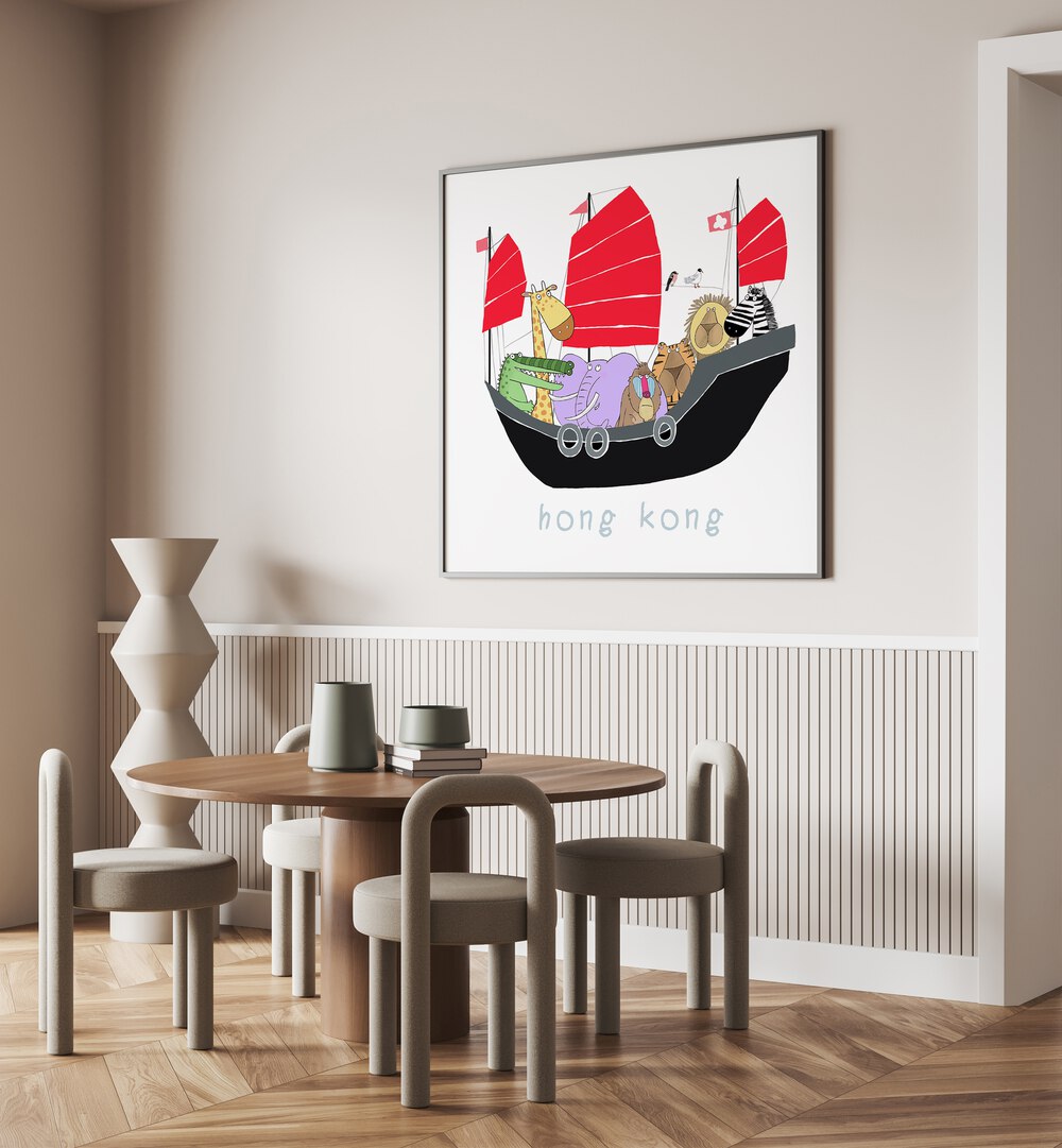 Jungle Animals Travelling In A Junk Boat In Hong Kong By Carla Daly Kids Room Art placed on a wall