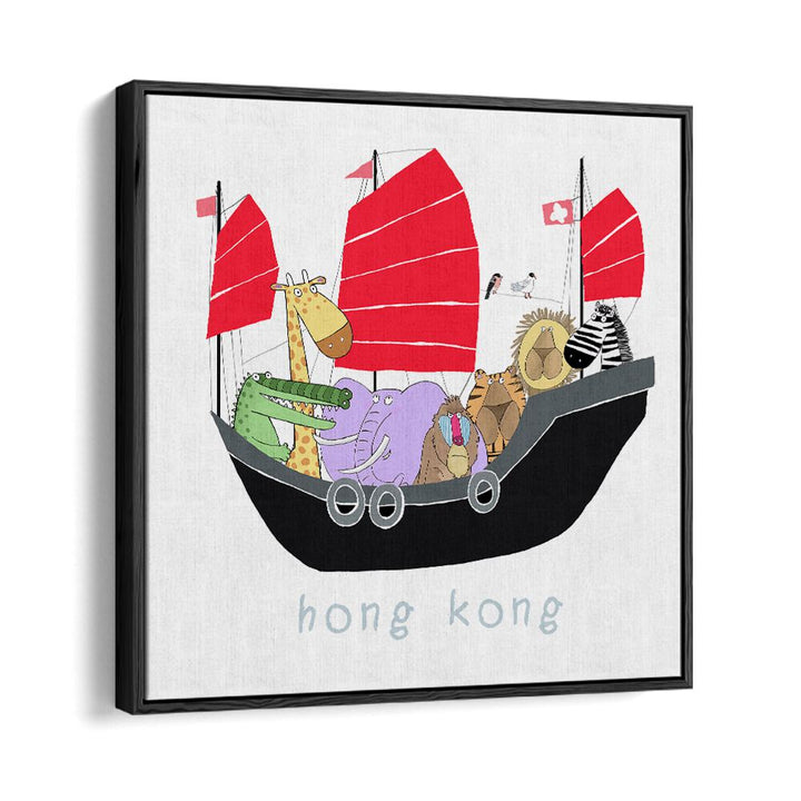 Jungle Animals Travelling In A Junk Boat In Hong Kong By Carla Daly Kids Room Art in Black Floater Frame