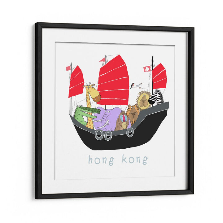 Jungle Animals Travelling In A Junk Boat In Hong Kong By Carla Daly Kids Room Art in Black Frame With Mount