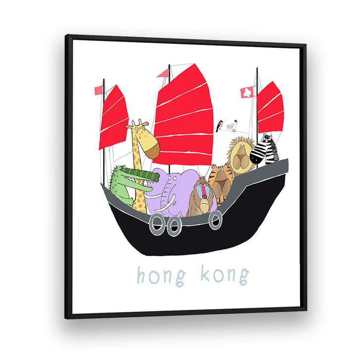 Jungle Animals Travelling In A Junk Boat In Hong Kong By Carla Daly Kids Room Art in Black Plain Frame