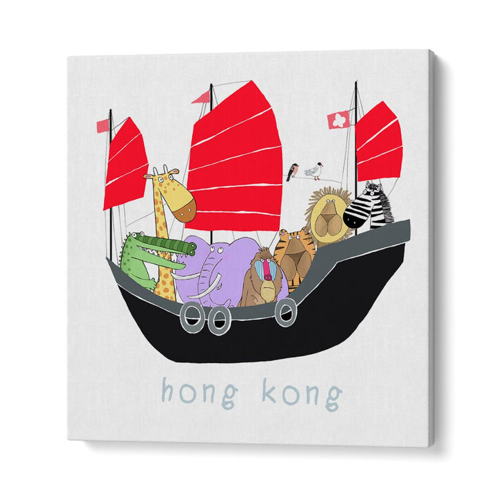 Jungle Animals Travelling In A Junk Boat In Hong Kong By Carla Daly Kids Room Art in Gallery Wrap