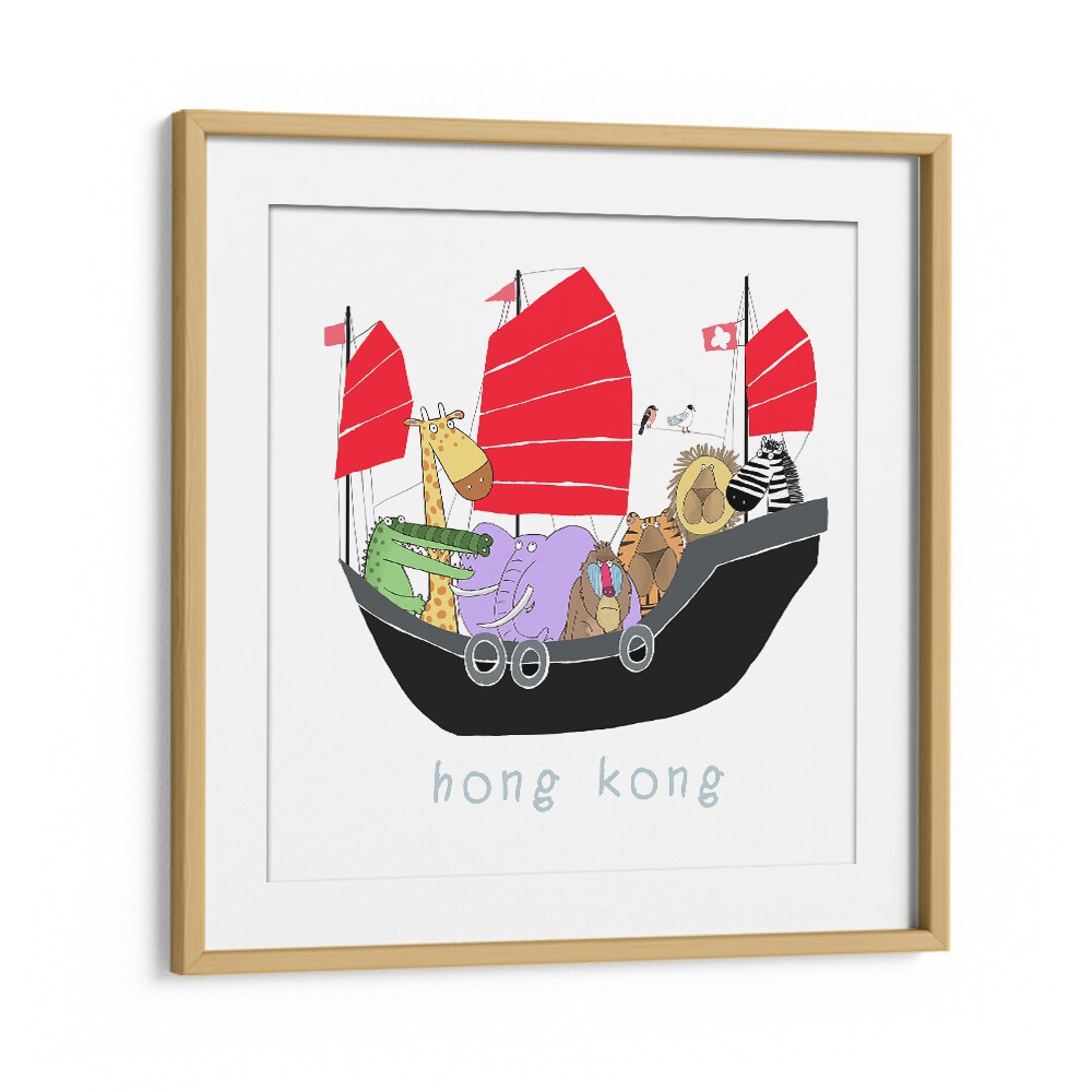 Jungle Animals Travelling In A Junk Boat In Hong Kong By Carla Daly Kids Room Art in Oak Wood Frame With Mount