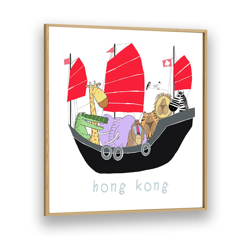 Jungle Animals Travelling In A Junk Boat In Hong Kong By Carla Daly Kids Room Art in Oak Wood Plain Frame