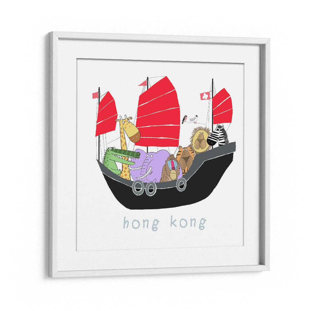 Jungle Animals Travelling In A Junk Boat In Hong Kong By Carla Daly Kids Room Art in White Frame With Mount