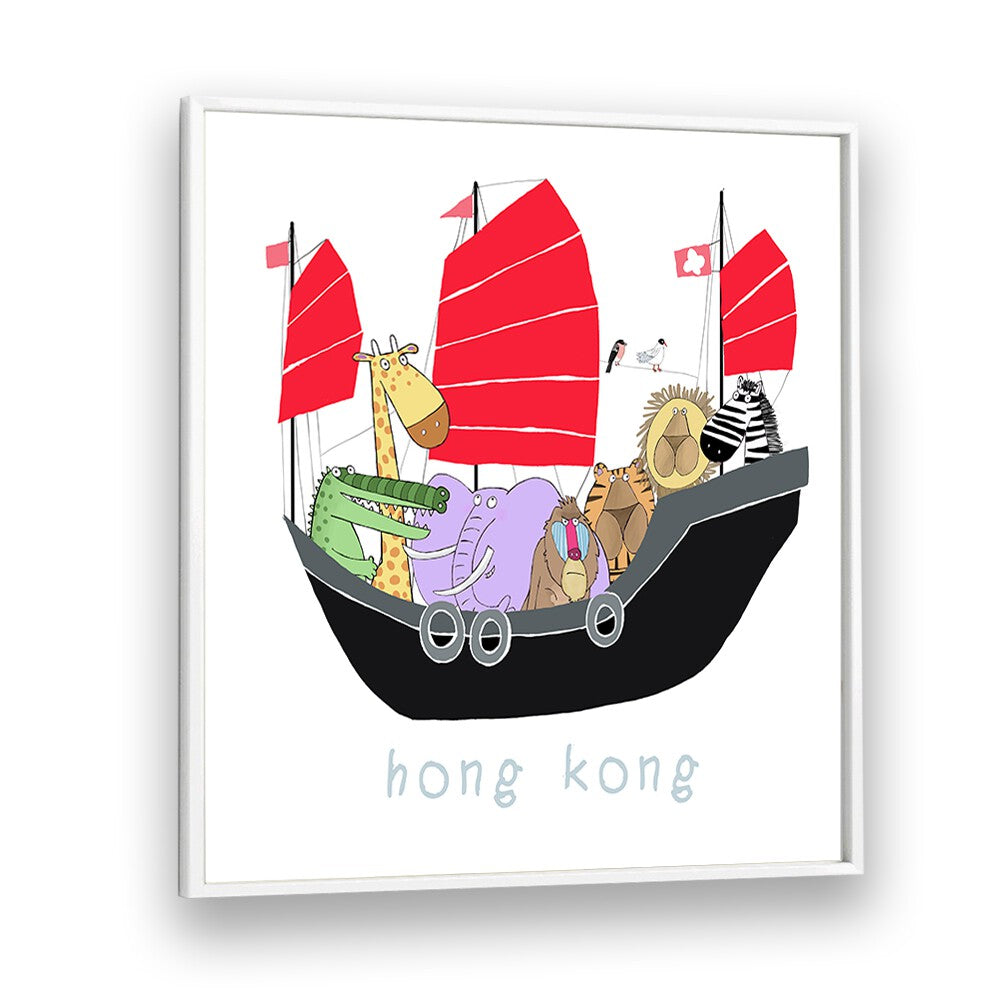 Jungle Animals Travelling In A Junk Boat In Hong Kong By Carla Daly Kids Room Art in White Plain Frame