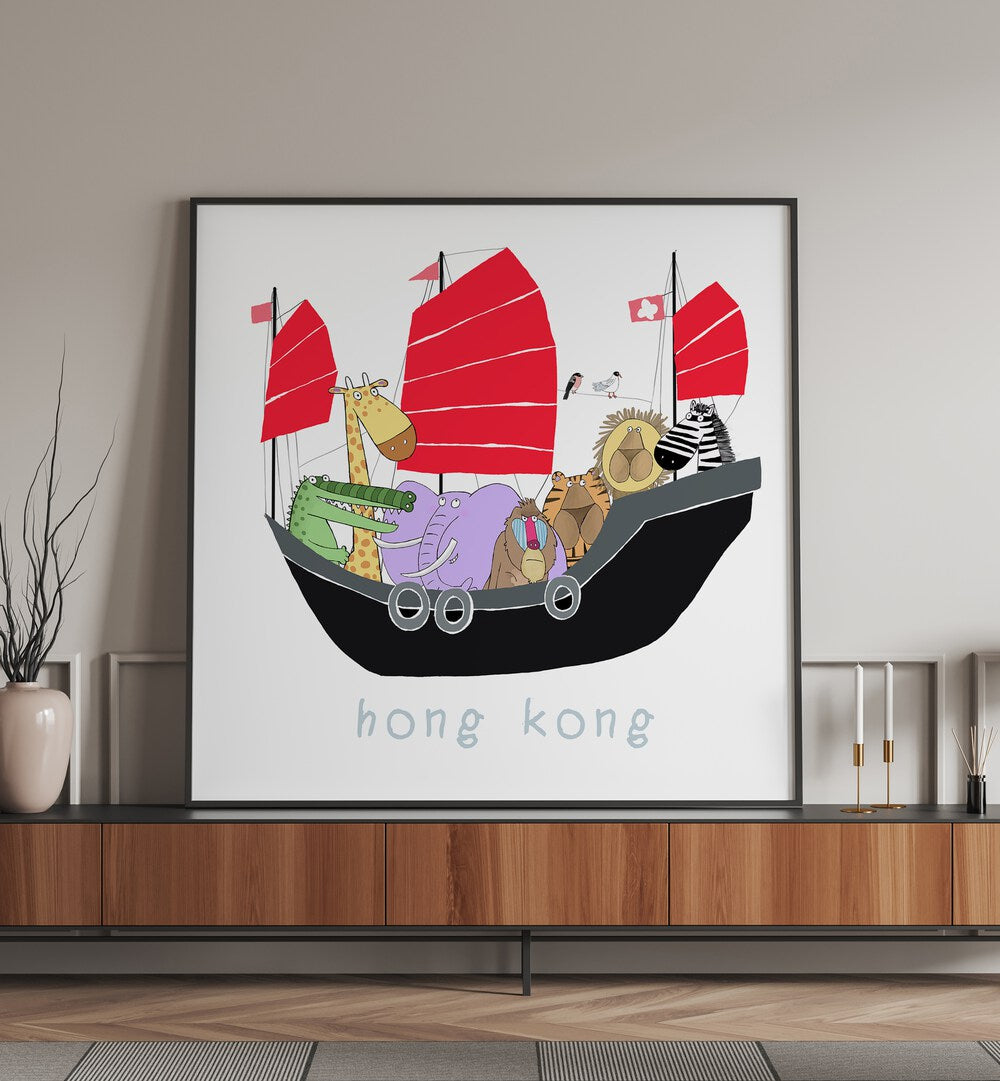 Jungle Animals Travelling In A Junk Boat In Hong Kong By Carla Daly Kids Room Art placed on a wall