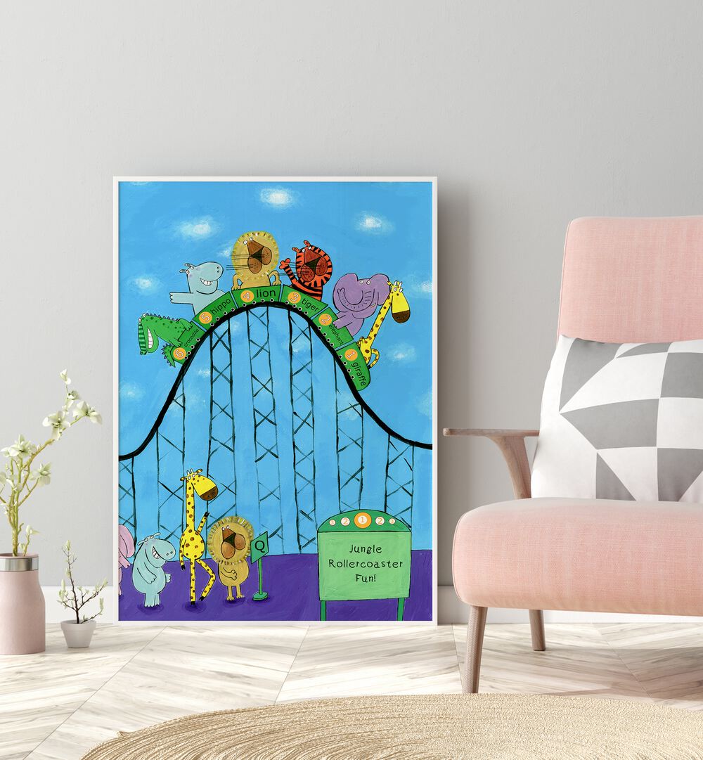 Jungle Animals Whizzing Down The Rollercoaster By Carla Daly Kids Painting  placed on a wall