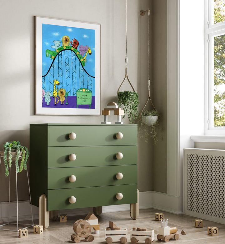 Jungle Animals Whizzing Down The Rollercoaster By Carla Daly Kids Painting  placed on a wall